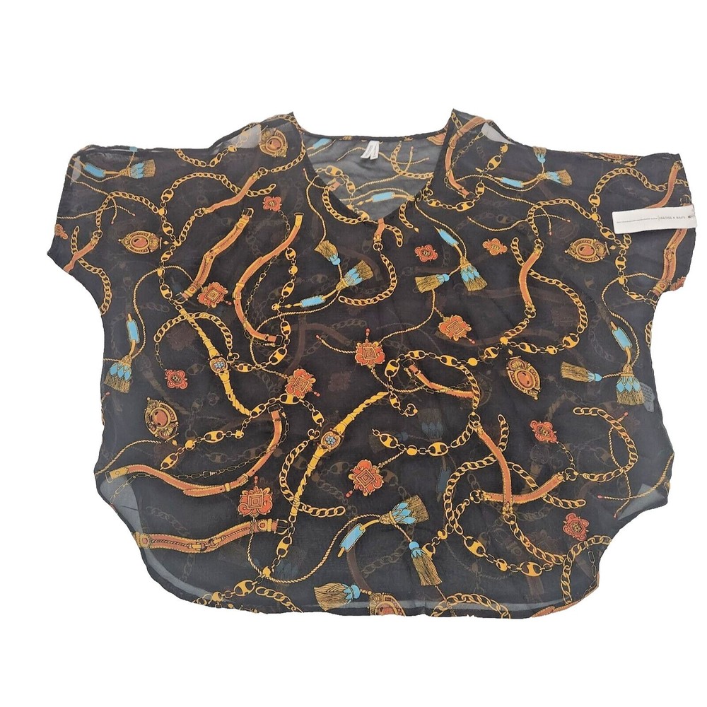 Live 4 Truth Woman PLUS 3X Sheer Black V Neck Pullover Multicolor Jewelry Print